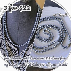 Vtg grey faux pearl single strand rope length necklace